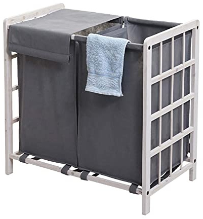Mendler Wäschesammler HWC-B60AM 60x60x33cm - shabby weiß, Bezug grau | Laundry, Wäschebox, Wäschekorb, Massiv-Holz, 2 Fächer, 68l