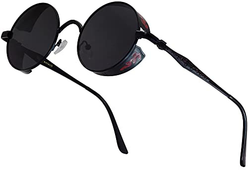 XFentech Klassische Polarisierte Sonnenbrille - Steampunk Sonnenbrille Retro Brillen mit Rundem Metallrahmen UV400 Schutz für Herren Damen, A2 Schwarz Rahmen - Grau Gläser