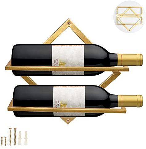 MERYSAN Supports Muraux pour Bouteilles de Vin en Métal, Rganisateur de Casier à Vin Suspendu Pliable pour 2 Bouteilles d'alcool, Étagère Murale Casier à Vin pour Cave De Bar De Cuisine (1, Gold-A)