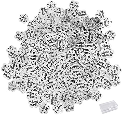 Borsgye 200 Stück Handmade Knöpfe Metall Label Hand Made Tag Nähen Zubehör Handgefertigte Etikett Handarbeit Anhänger Schilder Nähetiketten für Handwerk Schmuck Herstellung - Blume Silber