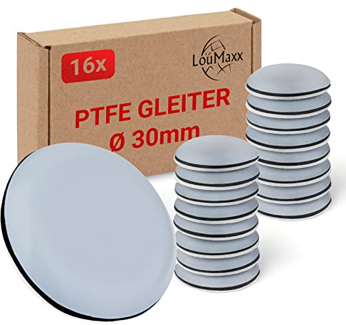 LouMaxx Teflongleiter selbstklebend – Möbelgleiter Ø 30 mm | Stuhlgleiter aus hochgleitfähigem PTFE | Hochwertige Gleiter für Stühle, Möbel und für Thermomix - 16er Set Möbelgleiter Teppich