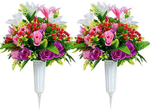 Artificial Cemetery Flowers, Artificial Rose Lily Graveyard Memorial Flowers with Vase for Cemetery Headstones Decoration, Set of 2