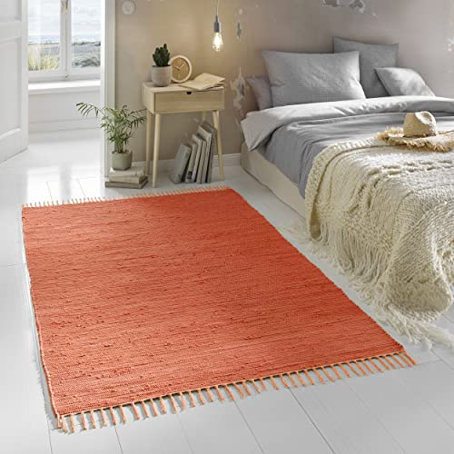 TacaHome Flicken-Teppich 100% Baumwolle I Waschbarer Fleckerl mit Fransen I Esszimmer Küche Badezimmer Wohnzimmer Kinderzimmer | 70 x 140 cm Terracotta