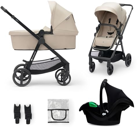 Kinderkraft NEWLY Kinderwagen 3 in 1, Komplettset bis 22 kg, Kindersitz I-Size 40-75 cm im set, Kombikinderwagen mit Fußsack, wasserfestes Verdeck mit UPF50+, Zusammenklappen, Liegeposition, Beige