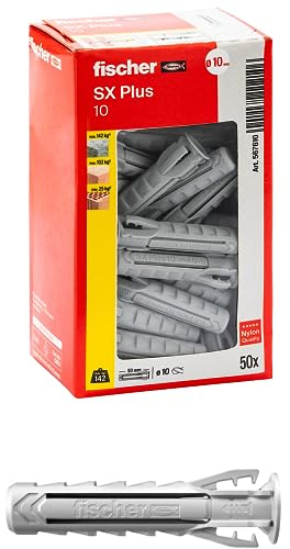 Fischer 50 Tasselli SX Plus 10x50 mm per Muro Pieno, Mattone Forato, Muratura, Calcestruzzo, per il Fissaggio di Lampadari, Mobili, Pensili, Mensole, 567610