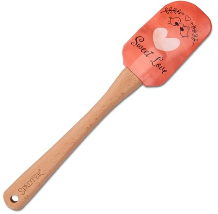 STÄDTER Teigschaber-Sweet Love aus Holz/Silikon in der Holzfarbe und Rot, Länge: 25 cm, 504288