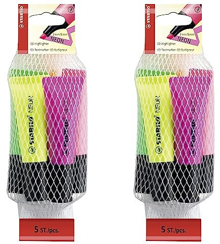 Stabilo Evidenziatore NEON - Retina da 5 - Giallo/Verde/Arancio/Rosa/Magenta (Confezione da 2)