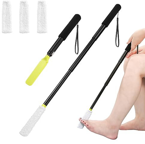 LYIGEOL Toe Cleaning Brush,Foot Brush with Reusable Drying Covers.Foot Scrubber with Telescopic Aluminum Alloy 12-24,Long- Handled Toe Lotion Applicator for Seniors,Elderly, Disabled Men and Women