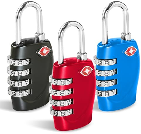 CFMOUR TSA Kofferschlösser – 1, 2, 3, 4, 5, 6 Stück, 4-stelliges Sicherheits-Reise-Kombinationsschloss für Koffer, Gepäck, Taschen, Code-Schloss, Schwarz & Blau & Rot (3 Stück)
