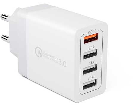 33W Caricatore USB, 4-Porte Caricatore Multiplo con QC3.0, Presa Spina Alimentatore USB Caricabatterie Veloce per iPhone 15 14 13 12 11 Pro Max Mini XS XR X 8 7 6 Plus, Samsung Galaxy S21 S20 A15