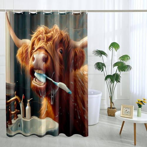 Generic Funny Cow Shower Curtain with 12 Hooks Funky Bath Cute Farmhouse Pretty Brown Polyester Room Ornaments Waterproof Decorative Bathroom Hotel Bathtub Outdoor Short Shower Curtain 62x72 Inch