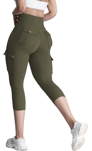 Nuofengkudu Gym beskurna leggings för kvinnor, cargofickor med hög midja, 3/4, capri, joggingbyxor, träning, löpning, vandring, yoga, promenader och sport, Armégrönt, L Short
