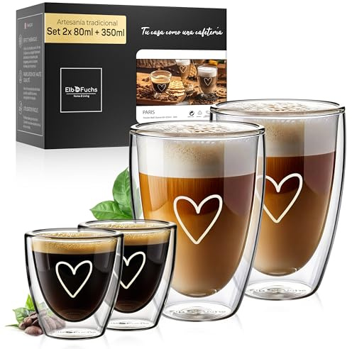 ElbFuchs® Tasse double paroi espresso et latte COEUR [2x 80ml + 2x 350ml] Tasse espresso transparente | Verre double paroi | Tasse à café original | Tasses à expresso double paroi