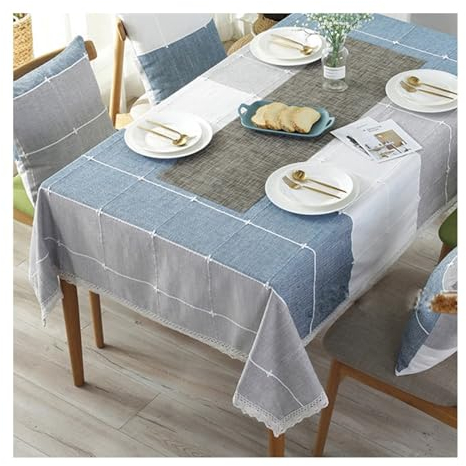Epinki 140x250CM Tischwäsche, Tischdecke Streifen mit Spitze Polyester, Tischdecke Esstisch Pflegeleicht, Geeignet für Home Küche Dekoration, Verschiedene Größen, Blau+Spitze