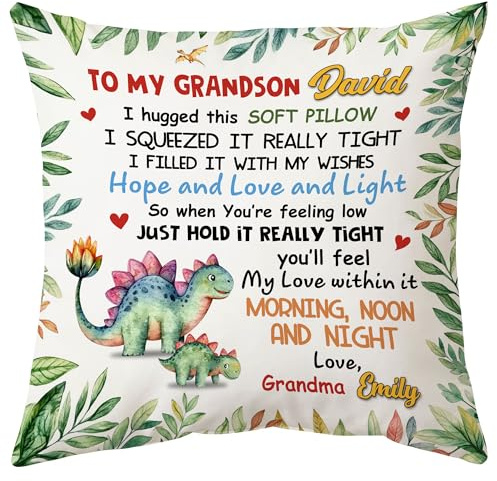 Hyturtle Personalized Grandson Pillow (Insert Included) Gifts from Grandma - Birthday Graduation for Grandson - Dinosaur Custom Name Sofa Couch Cushion Home Decor Pillow