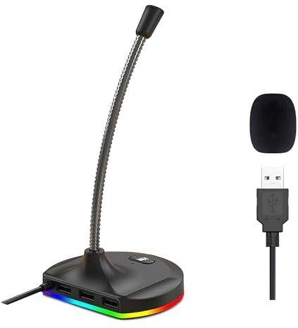 Blapsuro USB Computer Microphone with Mute Button and RGB Lighting,Plug&Play Mic for Conference,Gaming,YouTube,Desktop PC Mic for Mac/Window-Black-M8(3-Port Hub)