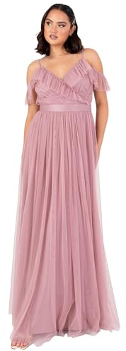 Anaya with Love Women's Maxi Dress Ladies Sleeveless V-Neck Cold Shoulder Tulle Sash Tie Belt A-Line Bridesmaid Wedding Guest Ball Gown, Bridal Rose, 42