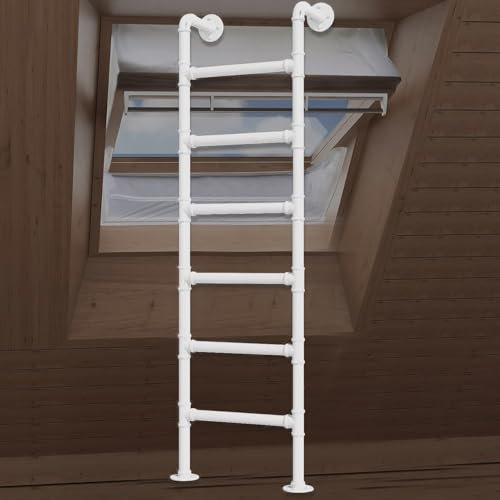 Basement Ladder 5-8 Rung for Window Well Egress - Wall/Floor Standing Metal Step Ladder for Attic, Bunk Bed, Deck, RV - 4ft 5ft 7ft 8ft Fire Escape Ladder in White Color