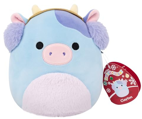 Squishmallows SQXM01275 – Clayton ko med öronskydd, 19 cm, officiell jazware-plysch, supermjukt gosedjur