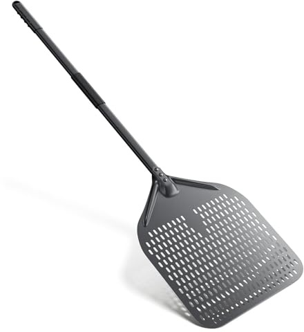 Pizzaspade, 34 cm x 45 cm lång pizzaspade i hård anodiserad aluminium med värmeisolerande silikonhylsa, perforerad pizzaskrapa för pizzor, ugnsbröd, total längd 118 cm