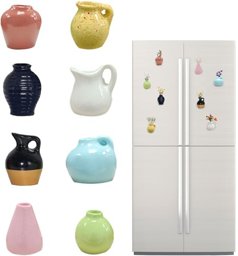 VLUNT 8Pcs Cute Mini Ceramic Vases Magnet for Fridge Magnetic Bud Vases for Refrigerator Tiny 3D Faux Ceramic Flower Magnets for Kitchen Locker Office Decor Funny Gift for Mum