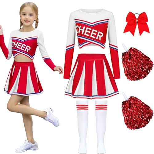 Deguisement Pompom Girl Deguisement Cheerleader avec Pom Poms Nœud Et Chaussettes Costume De Cheerleader Enfant Uniforme de Pom-Pom Girl Pour Carnaval Cosplay Mascarade Halloween FêTe Performance