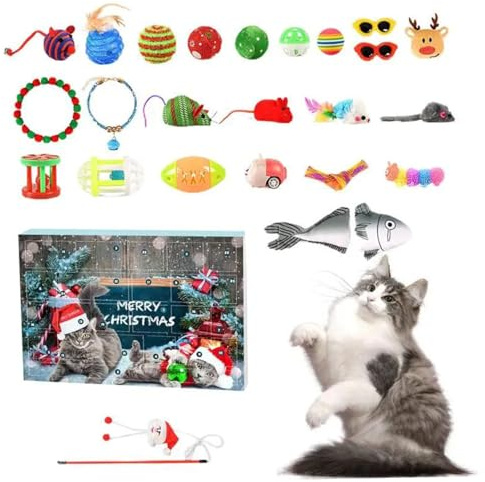 Hbbgdiy Weihnachtsiventkalender 2024 für Katzen mit verschiedenen interaktiven Katzenspielzeugen Spaß 24 Tage Countdown -Geschenkbox für Katzenliebhaber Weihnachtsferiendekorationen