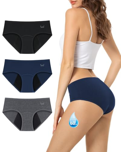 Bragas Menstruales Mujer Algodon 60ML, Bragas Postparto de Protección Hygiénia Absorbente y Lavable, Ropa Interior Mujer Ecológica y Reutilizable para la Menstruación, Negro+Azul+Gris, Pack de 3, 4XL