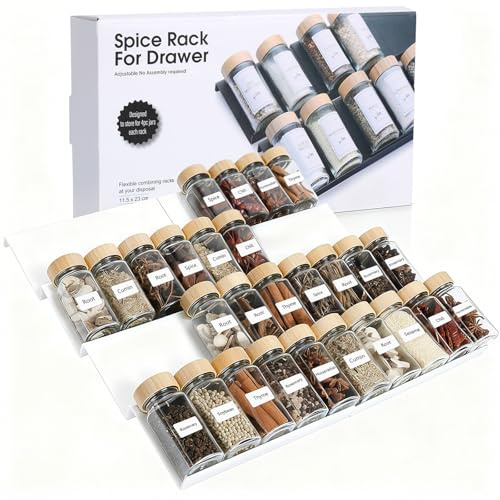 AiQInu Rangement Epices Cuisine 8PCS, Extensible de 23cm à 46cm Rangement Epices Tiroir, Insert de Tiroir à Épices, Ajustable pour Placards et Tiroirs - Pour Sel, Épices, Vitamines