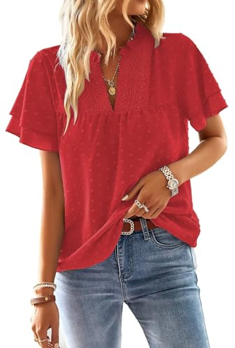 TUUHAW Ropa Mujer Camiseta Manga Corta Mujer con Cuello en V Verano Boho Blusa Elegante Tops Volantes Encaje Casual T-Shirt Básica Bohemia Suelta Color Sólido Oficina Cómodo Moda Túnica Rojo L