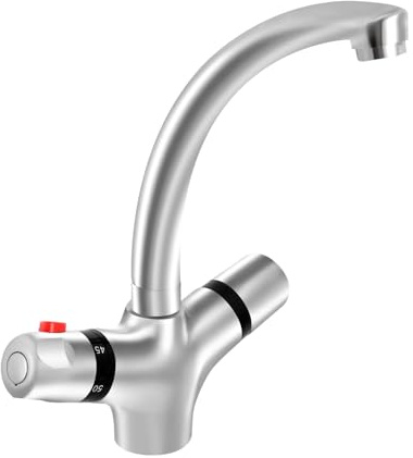 Rubinetto termostatico da cucina, rubinetto da bagno, con due manici, temperatura costante 20-50°C, miscelatore girevole a 360°, in acciaio inox, per lavandino in cucina, bagno e commerciale