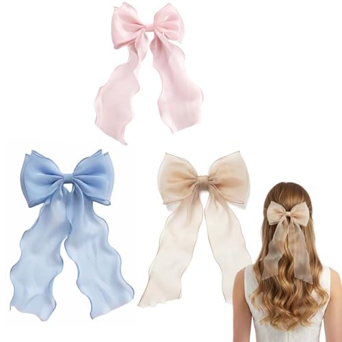Large Hair Bow Clips Set in Pink Blue Champagne - Soft Fabric Long Ribbon Tails for Women Girls School Party Wedding Styling and Special Occasions, Set of 3 Voluminous Decorative Accessories