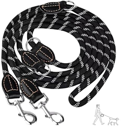 Verstellbar Hundeleine Für Große, Hundeleine Mit Karabiner, Robuste Reflektierende Nylon-Freihandleine Umhängeleine Für Große/Mittlere Hunde Mit 2 Karabinern 250kg Zugkraft, 12mm Breite, Schwarz (2m)