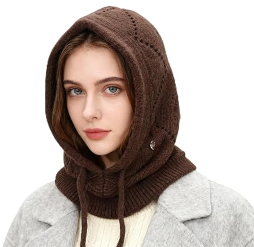 AYPOW Mujer Invierno Gorro de Punto y Bufanda con Capucha, 2 en 1 Térmicos Prueba de Viento Ajustable Pasamontañas, Moda Ocio Pullover Calentador de Cuello para Deportes al Aire Libre Diario Correr