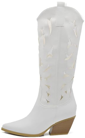 IF Stivali Alti Texani Donna Western in Pelle Sintetica Vegana, Design Traforato, Tacco Medio e Punta Affusolata