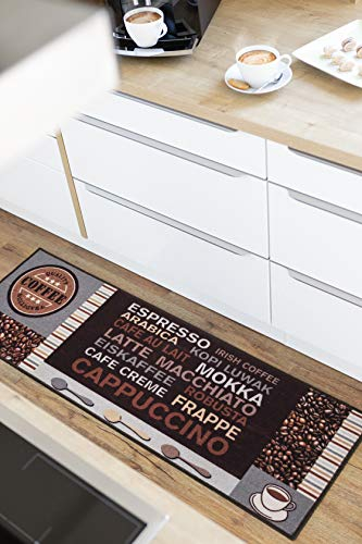 andiamo Teppich Läufer Cafe Creme - Küchenläufer Flur Läufer mit Kaffe Schriftzügen - Küchenteppich Küchenläufer 50 x 150 cm Braun-grau