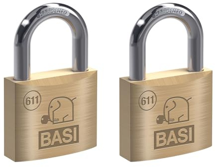 BASI | Vorhangschloss 2er Set | 50 mm | gleichschließend | massives Messing-Gehäuse | gehärteter Stahlbügel | robustes Vorhängeschloss | Bügelstärke 7 mm | 2 Stück