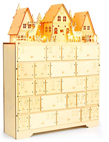 VEYLIN Großer Weihnachts-Adventskalender aus Holz mit LED-Lichtern, 24 Schubladen für Kinder und Erwachsene, Weihnachtsdekoration