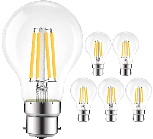 EXTRASTAR B22 LED Bayonet Filament Bulb, 8W(69W Equivalent), 950LM, Warm White 2700K, A60 Vintage Clear Glass Globe Energy Saving Light Bulbs, Non-Dimmable, Pack of 6