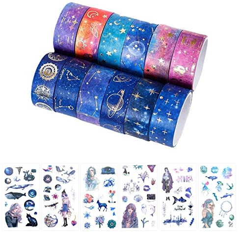 Set med 12 rullar Washi-tejp från Starry Sky-kollektionen med 6 uppsättningar klistermärken lila samling, stjärnor måne galax Washi-tejp guldfolie för gör-det-själv kulor dagböcker dekoration