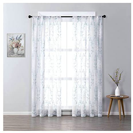 KnBoB Vorhänge Transparent Kinderzimmer, Polyester Blau Grün Blumen Bestickt Gardinen mit Stangendurchzug Voile Gardinen 86 x 214 cm