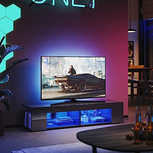 SUNXURY LED TV Schrank Schwarz, TV Lowboard mit LED-Leuchten Lowboard Fernsehschrank Fernsehtisch Sideboard Schrank TV Möbel Tisch Board 135cm breit
