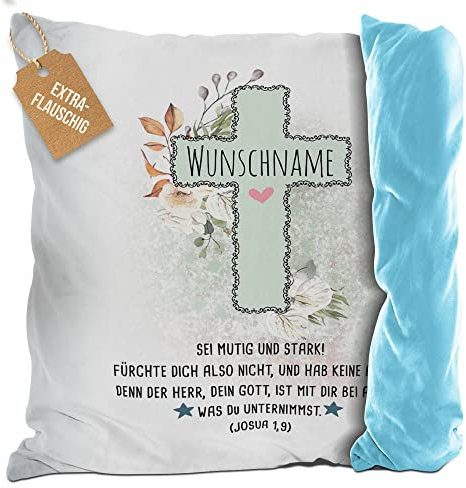 PR Print Royal Flauschiges Kissen zur Taufe mit Name - Sei Mutig und Stark - Geschenke zur Taufe, personalisierte Taufgeschenke Patenkind | inkl. Kissenfüllung, Rückseite Hellblau, 40 x 40 cm