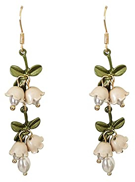Chic White Bell Orchids Dangle Hook Earrings for Women Girls 14K Gold Plated CZ Pearl Green Leaf Drop Wedding Earrings Hoops Studs Fashion Jewelry Gifts BFF