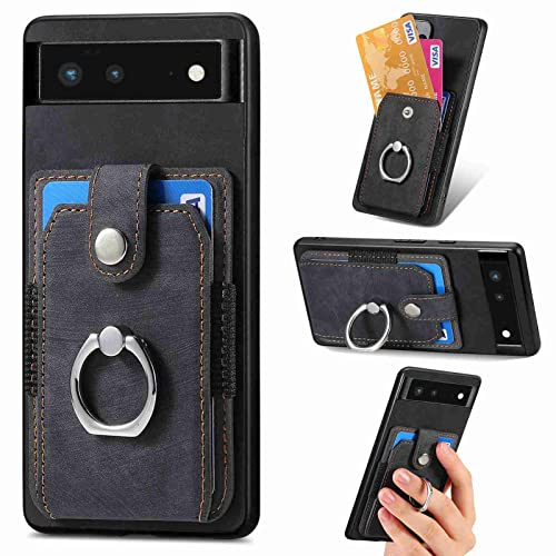 Google Pixel 6a Case Pixel 6a Phone Case Wallet Shockproof Bumper with Ring Holder Card Slots PU Leather Cover Car Mount Kickstand Anti-Drop Shell for Google 6a, Black