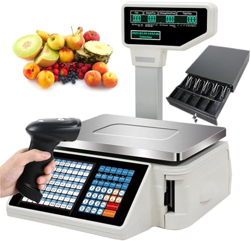 Waagen zum Drucken von Etiketten, Digitale Barcode-Waagen – Dual-Display Hinten vorne – für das Wiegen im Supermarkt/Einzelhandelsgeschäft/Lager,Machine+Scanner+Cashbox