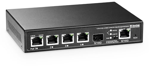 MokerLink 4 Port 2.5G PoE Managed Switch mit 1 Port 10G Ethernet Port, 1 Port 10G SFP+ Slot, IEEE8023af/at PoE 65W, Metall Web Managed Fanless Small Network Switch