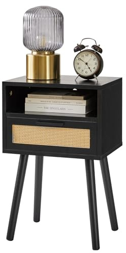 IBUYKE Comodino in rattan, tavolino boho con cassetto, ripiano aperto, comodino in legno, tavolino con gambe per camera da letto, soggiorno e piccoli spazi, Nero WNS009B