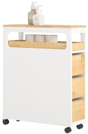 SoBuy Badezimmerschrank mit Rollen, Schmaler Badschrank mit 3 Schubladen, Kompakte Kommode aus Holz, Beweglicher Nischenschrank für kleine Bäder, WC en Küche, Weiß+Natur, 65x23x82cm, BZR54-WN