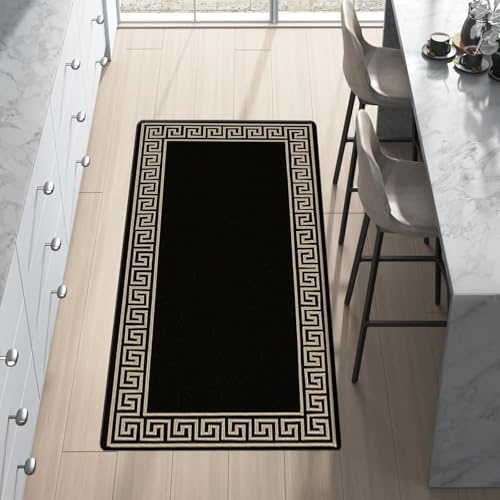 renoazul® Rugs Living Room Greeky Runner Rug - 80 x 150 cm, Black & Beige | Premium Runner Rugs For Hallway, Polypropylene Low Pile Rug, Non Slip Rubber Backing, Greek Bordered Design